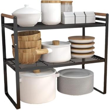 Imagem de Prateleiras de armazenamento de cozinha, 2 níveis, grande capacidade, prato, tigela, caneca, livro, tampa de panela, tábua de cortar, prateleira de secagem, suporte, escorrer, suporte de armazenamento