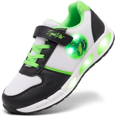 Imagem de SPEED MATE Tênis infantil leve para meninos e meninas respirável LED brilhante luminoso para esportes ao ar livre (criança pequena/grande), Preto/branco, 21