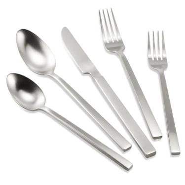 Imagem de Kelenfer Conjunto de talheres de aço inoxidável forjado à mão conjunto de talheres 18/10 conjunto de talheres cabo cuboide prata acabamento fosco 20 peças serviço para 4