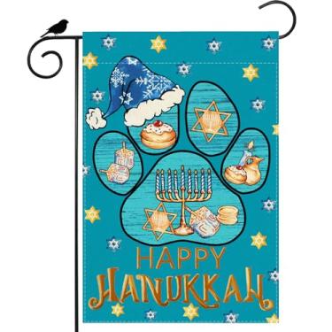 Imagem de ZAEW Happy Hanukkah Garden Flag Dog Paw Hat Dreidel Menorah Yard Flag 30,5 x 45,7 cm Dupla Face Pequeno Chanucá Mini Quintal Exterior Exterior Decoração de Festa de Feriado