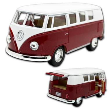 Imagem de Miniatura Kombi Microbus 1962 em metal, 1/32 13 CM, abertura de portas laterais e porta malas, rodinhas em borracha e com fricção, Carrinho de ferro miniatura (Vermelho)