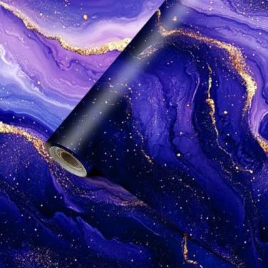 Imagem de HOMETITUTE Papel de parede de mármore cósmico dourado roxo vinil autoadesivo removível arte fluida abstrata moderna para paredes, bancadas, armários, móveis, decoração de casa 39,9 x 100 cm