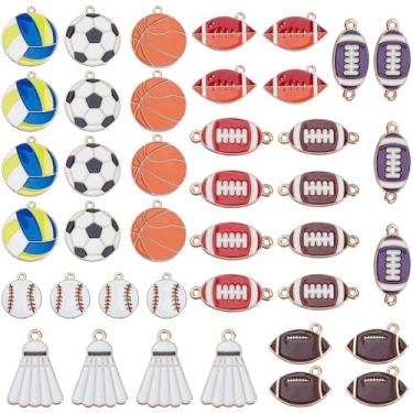 Imagem de SUPERFINDINGS Pingentes de liga esmaltada, 40 peças, 10 estilos, bolas esportivas, basquete, beisebol, futebol, voleibol, rúgbi, badminton, pingentes de liga esmaltada, berloque esportivo para fazer