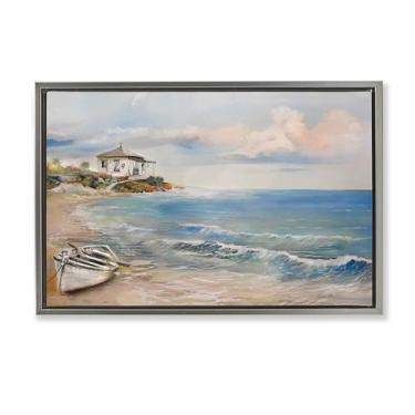 Imagem de Stupell Industries Arte de parede em tela flutuante com moldura cinza de barco a remo Shoreline, design de Ruane Manning, 43 x 63 cm