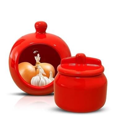Imagem de Kit Saleiro com Tampa e Porta Alho e Cebola em Cerâmica Liso 02 peças(Vermelho)