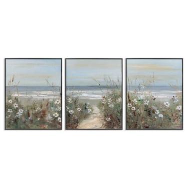 Imagem de Stupell Industries Conjunto de arte giclée emoldurado preto com paisagem litorânea de flores silvestres, design de Sally Swatland, 35,5 x 28,5 cm