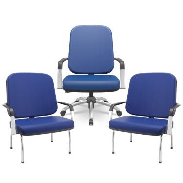 Imagem de Kit Cadeira de Escritório Giratória e 2 Cadeiras Fixas Cromada Magno P03 Vinil Azul - Lyam Decor