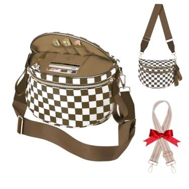 Imagem de Bolsa transversal quadriculada para mulheres, bolsa de nylon com alça ajustável, bolsa de cintura grande, pochete feminina grande, Xadrez marrom