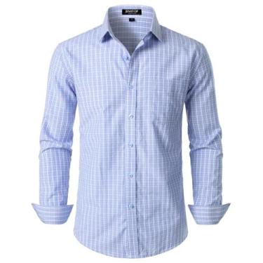 Imagem de Camisa masculina JEMITOP de manga comprida, justa, xadrez, azul claro,