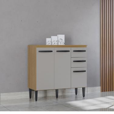 Imagem de Balcão de Cozinha com Tampo 3 Portas 90cm Isadora Poquema - Damasco/Off White