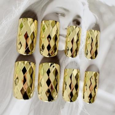 Imagem de Unhas postiças espelhadas de metal 3D, unhas postiças, douradas, tamanho longo, losango, pontas de acrílico para prensa de unhas, faça você mesmo, produtos para salão de beleza, 24 peças