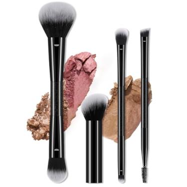 Imagem de Conjunto de 4 pincéis de maquiagem multifuncionais com pincel de blush de ponta dupla + pincel de base + pincel corretivo de dedo + pincel de sobrancelha, cílios e sombra