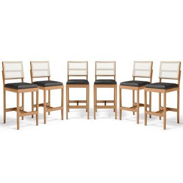 Imagem de Kit Com 6 Banquetas Milena Madeira Maciça Assento Estofado Encosto De Tela Sintética Courino Preto 503