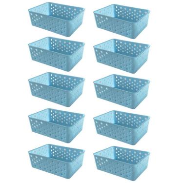 Imagem de Kit 10 Cestos Organizadores Azul Multiuso Médio Empilhável