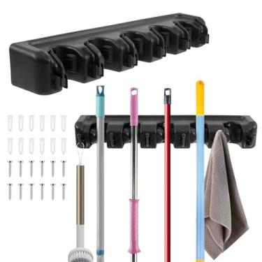 Imagem de LZVXTYM Suporte de parede com 2 peças de suporte de vassoura com 5 compartimentos e 6 ganchos, gancho antiderrapante para esfregão e vassoura, organizador de ferramentas de jardim e garagem