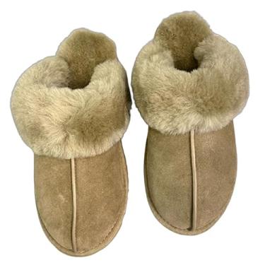 Imagem de Chinelos femininos modernos de inverno em casa com lã de couro genuíno quente Outdoot sapatos sem salto, Caqui, 34