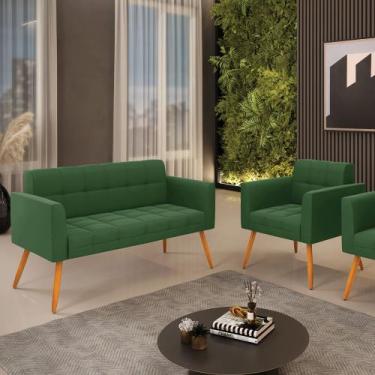 Imagem de Kit 1 Sofá Namoradeira e 1 Poltrona Elisa Suede Verde Pés Palito Casta