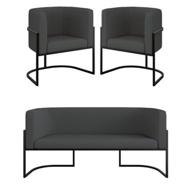Imagem de Kit 2 Poltronas + Sofá 2 Lugares Base De Metal Gold Corino Cinza