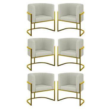 Imagem de Kit 06 Poltronas Lua Sala Decorativa Base Ferro Gold Bouclê Bege