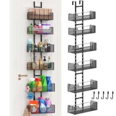 Imagem de Hongtamoya Organizador de porta suspenso de metal com 6 cestas ajustáveis e 5 ganchos, armazenamento atrás da porta para armário armário cozinha banheiro quarto organizador de despensa, preto