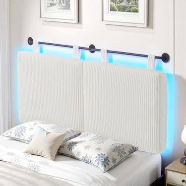 Imagem de BONITURE Cabeceira Queen Size, cabeceiras modernas montadas na parede com luz LED para cama com estofamento, cabeceira suspensa para quarto, com acolchoamento de esponja de alta densidade, branco