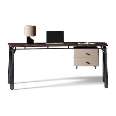 Imagem de Mesa de trabalho Mesa de escritório moderna e estética com 2 gavetas, estação trabalho em nogueira preta pernas metal(M)