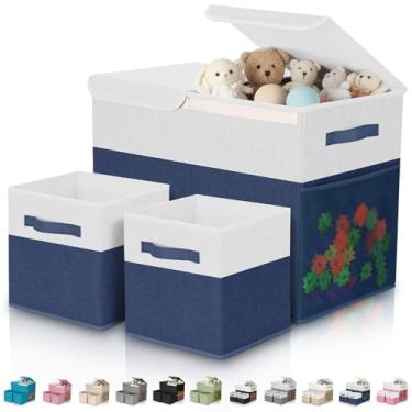 Imagem de Fiwochic Pacote com 3 caixas de armazenamento de brinquedos grandes de 58 cm com caixas de armazenamento de cubos de 28 cm, baú organizador de brinquedos dobrável com tampas para berçário, sala de