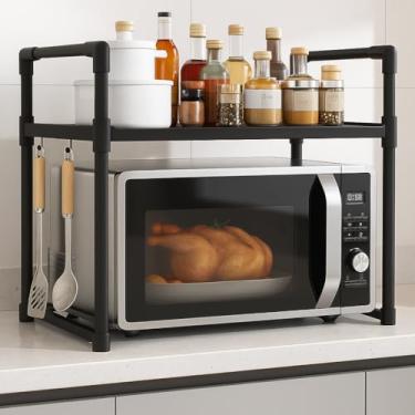 Imagem de Suporte Organizador para Microondas e Especiarias, Prateleira de Cozinha em Metal Preto, 2 Níveis com Ganchos para Utensílios