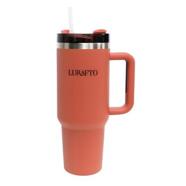 Imagem de LURAFTO Copo Quencher com alça e canudo 1,134 g Aço inoxidável isolado a vácuo – Suporte de copo de parede dupla compatível para viagens | Copo de aço inoxidável isolado | Argila vermelha sem BPA