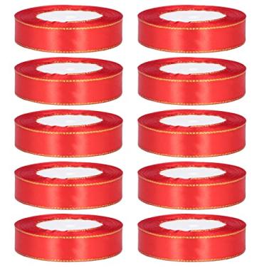 Imagem de Fita de embrulho de cetim com borda dourada fita vermelha de poliéster 10 rolos de 24 jardas cada para decoração de presente de festa de casamento projetos de artesanato DIY