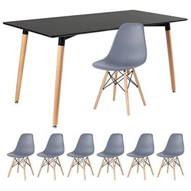 Imagem de Loft7, Kit - Mesa de jantar retangular Eames 80 x 160 cm preto + 6 cadeiras Eiffel Dsw Cinza escuro