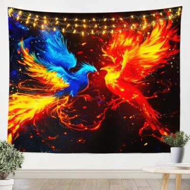 Imagem de Castle Fairy Tapeçaria de fênix, arte de parede com chama vermelha azul para decoração de quarto de crianças, meninas, meninos e adolescentes, cobertor de parede de pássaro fênix de fogo de gelo