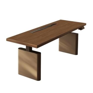 Imagem de Mesa de trabalho Mesa elétrica com tampo de nogueira, altura ajustável para laptop e tomadas carregamento(L)