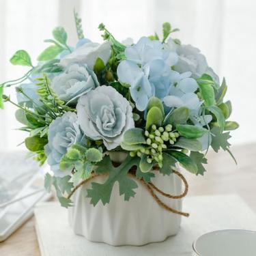 Imagem de TKAS Arranjo de flores falsas em vaso de cerâmica, rosas artificiais de seda sintética e hortênsia, peça central floral pequena realista de estilo seco para mesa de jantar, decoração de casa de festa