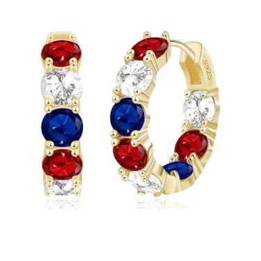 Imagem de FSLEAD Brincos de argola banhados a ouro 14K para mulheres, brincos de argola prateados de zircônia cúbica pequenos CZ brincos de argola internos e externos transparentes, rosa choque, preto, vermelho