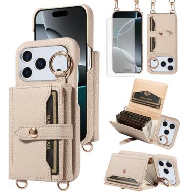Imagem de Furiet Capa carteira para iPhone 17 Pro Max de 6,9 polegadas com tela de vidro temperado, alça de ombro, fivela de anel, bolsa de órgão, suporte para cartão, capa para celular para celular i Phone17