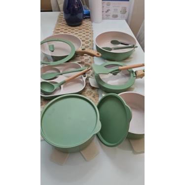 Imagem de Jogo Panelas Antiaderente 21 Peças Cabo Removível com Revestimento Cerâmico, Indução, Elétrico, Próprias para Forno, Tampas de Vidro Temperado Premium Verde Escuro