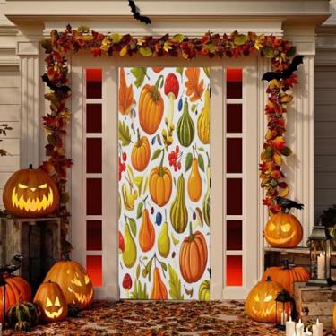 Imagem de Wassud Decoração de capa de porta de abóboras de outono faixa interna externa decoração de casa de varanda grande decoração de porta da frente 96 x 98 polegadas