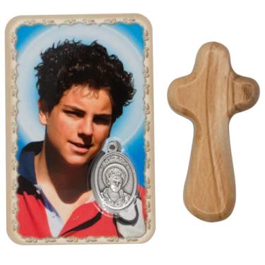 Imagem de Cruz de madeira de oliveira | Cartão de oração Saint Carlo Acutis com medalha embutida | Primeiro Santo Milenar e Patrono da Internet | Confirmação, presente eucarístico