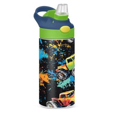 Imagem de CEBUGI Monster Trucks Garrafa de água infantil à prova de vazamento com canudo Garrafa de água isolada a vácuo de aço inoxidável para meninos e meninas