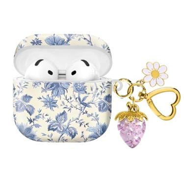 Imagem de Compatível com AirPod 4, 2024, a capa de fone de ouvido sem fio de proteção total à prova de choque vem com um lindo e lindo pingente de chaveiro de morango, adequado para mulheres (flores roxas