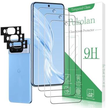 Imagem de Pokolan [Pacote com 3 + 3 protetores de tela para Google Pixel 8 Pro filme de vidro temperado com protetor de lente de câmera, dureza 9H, sem bolhas, fácil de instalar, compatível com capas