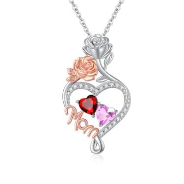 Imagem de WYDDO Colar com coração e amor, pedra do mês de nascimento duplo, joia de flor de rosa, aniversário dos namorados, presente de Natal para avó, esposa, mãe, Base, Zircônia cúbica