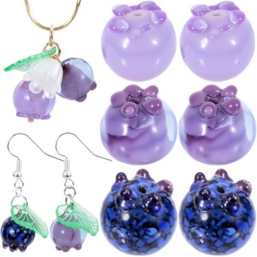 Imagem de Anyichend 6 peças de contas de frutas de mirtilo para fabricação de joias, pingentes de frutas de vidro 3D de cores misturadas, acessórios espaçadores para colar pulseiras brincos - roxo claro, roxo e