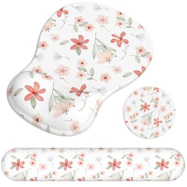 Imagem de Descanso de pulso ergonômico para teclado e descanso de pulso para teclado de computador, alívio da dor, base de poliuretano antiderrapante, mouse pad com suporte de pulso para jogos, flores rosa