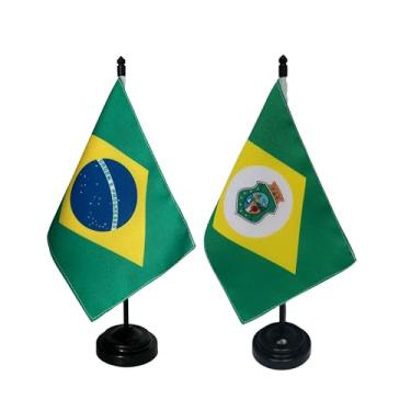 Imagem de Kit Bandeira de Mesa Brasil e Ceará, Dupla Face, Oxford, 19x13cm, Base Plástica Preta, 26cm Altura, Decorativa para Escritório e Eventos