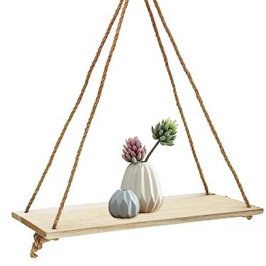 Imagem de FuninCrea Prateleiras suspensas para parede, prateleiras flutuantes de madeira rústica, 35 x 14 cm, com corda giratória, prateleira decorativa de parede, prateleira de exibição de plantas para sala de