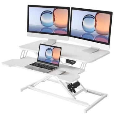 Imagem de YIHAYO Conversor elétrico de mesa de 81 cm, elevação de mesa ajustável para sentar para ficar em pé, suporte rápido para mesa, monitor duplo, estação de trabalho para escritório em casa com bandeja de