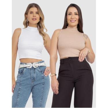 Imagem de Kit 2 Cropped Blusa Feminina Canelada Gola Alta Casual Elegante Verão 