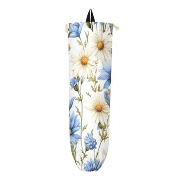 Imagem de Margaridas azuis e brancas, pacote com 2 dispensadores de sacolas de supermercado, dispensador de saco plástico que economiza espaço, organizador de sacolas para armazenamento de sacolas plásticas de